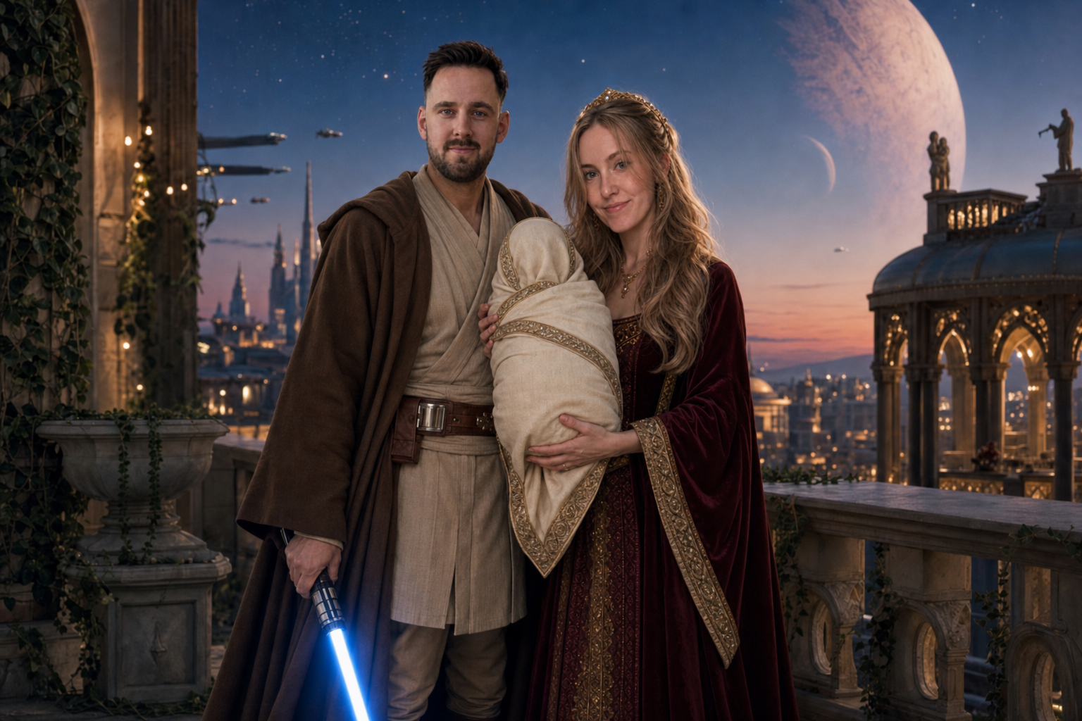 Max en Marjean met hun baby, gezichtje nog bedekt