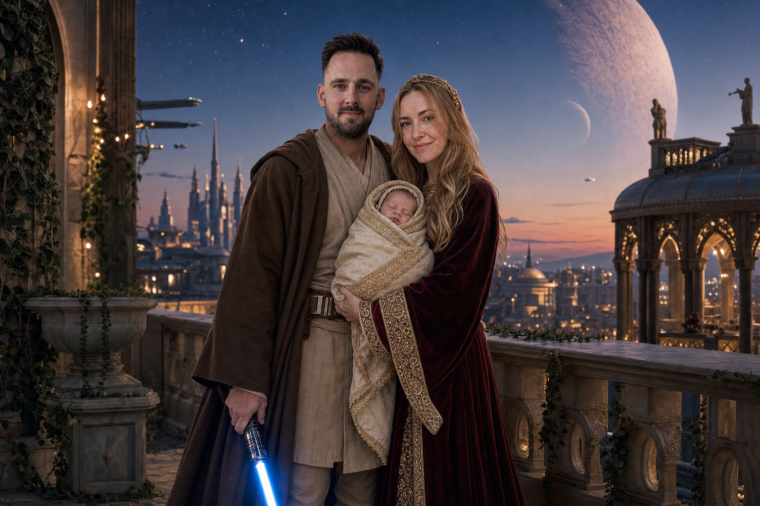 Max en Marjean met hun baby, nog ingepakt